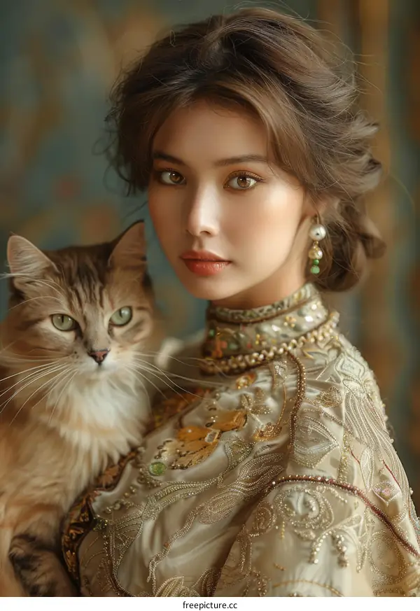 An elegant lady with brown hair and green eyes is sitting next to a cat