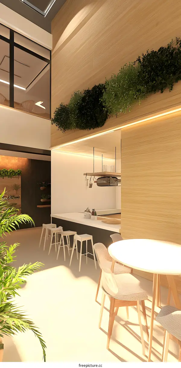 Modern Interior Design with Wooden Panels and Greenery