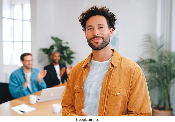 Confident man in casual shirt standing in modern office with colleagues