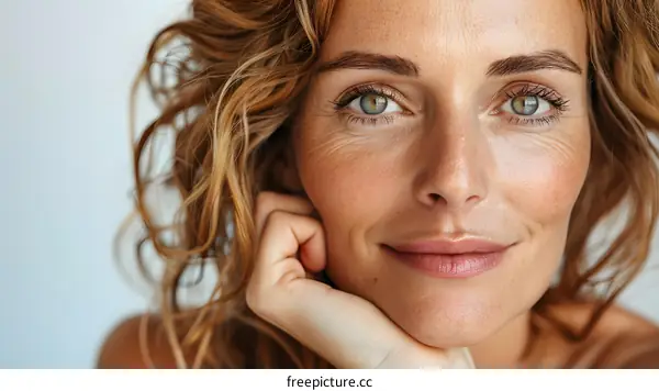 portrait of a beautiful woman with green eyes and curly hair