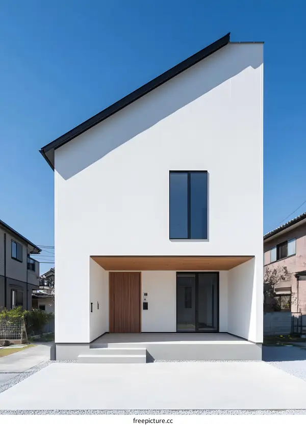 Modern White House with Black Trim and Wooden Door
