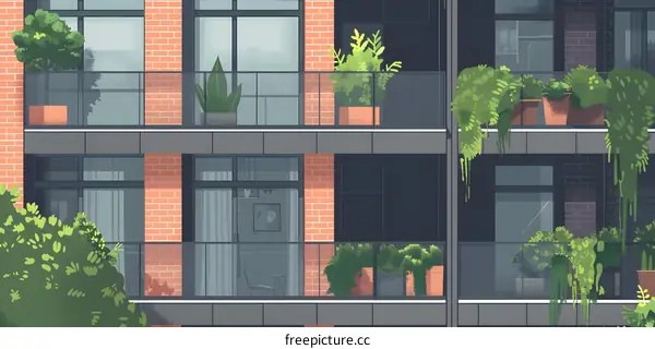 Modern Building with Balconies and Plants