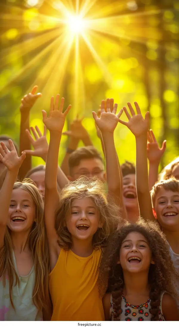 Group of happy children raising their hands in the air