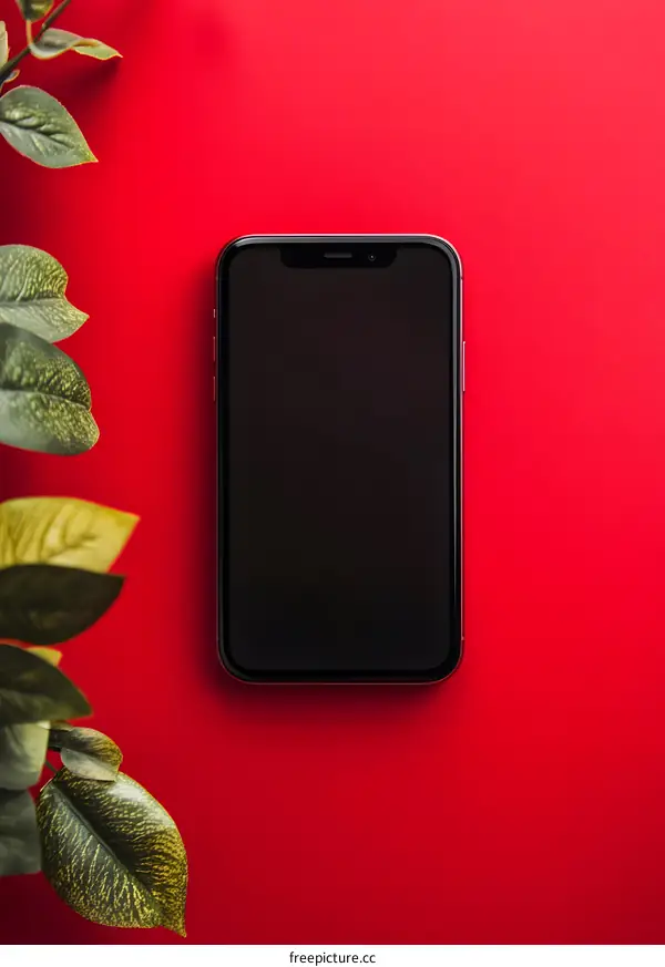 Black Smartphone with Red Background and Green Leaves