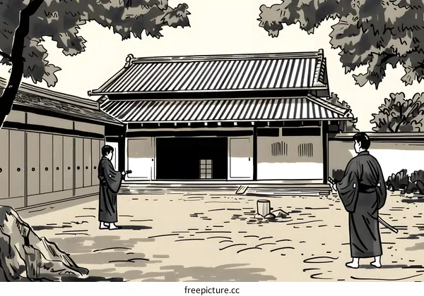 Samurai Warrior Standing in Front of a Traditional Japanese House