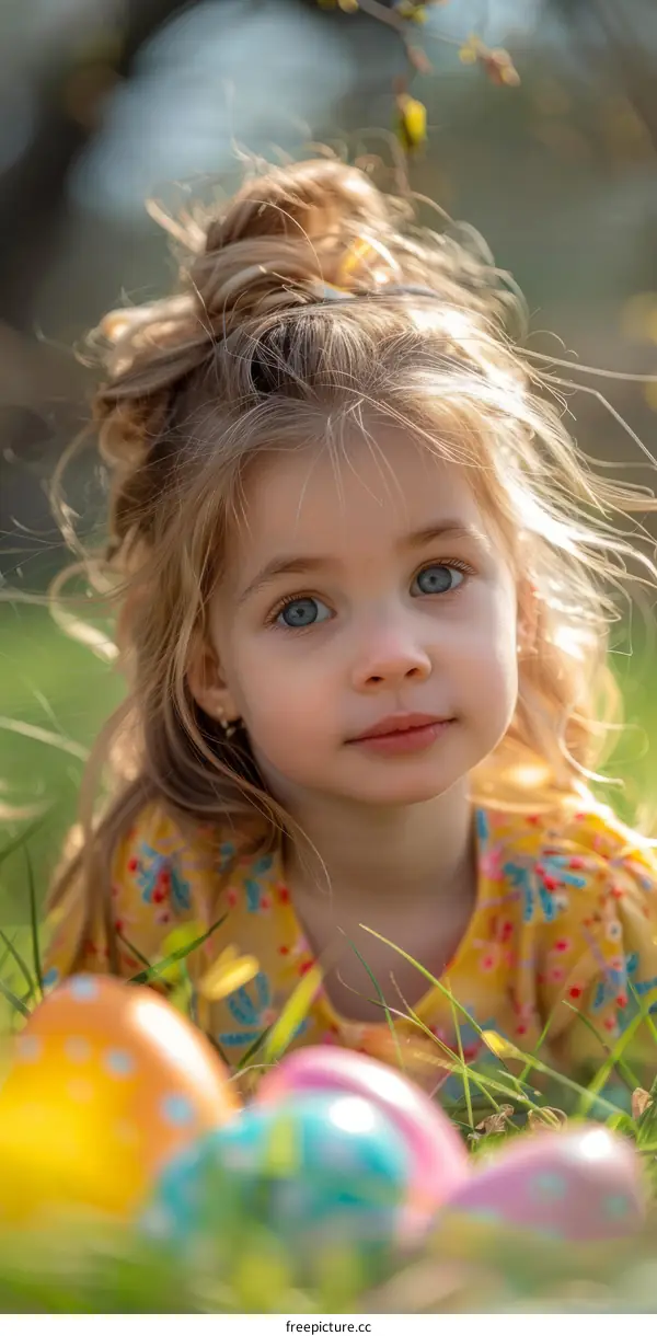 Little girl with blonde hair and blue eyes lying in the grass near colorful Easter eggs