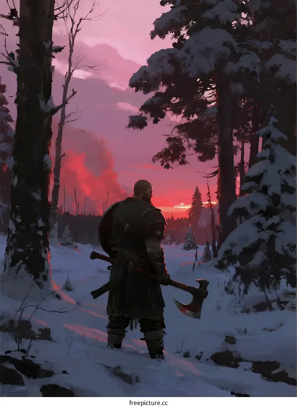 A Viking Warrior Standing in a Snowy Forest at Sunset