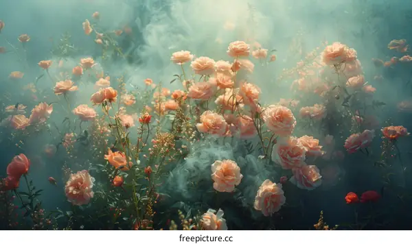 ethereal flower field with peach roses and white sweet peas