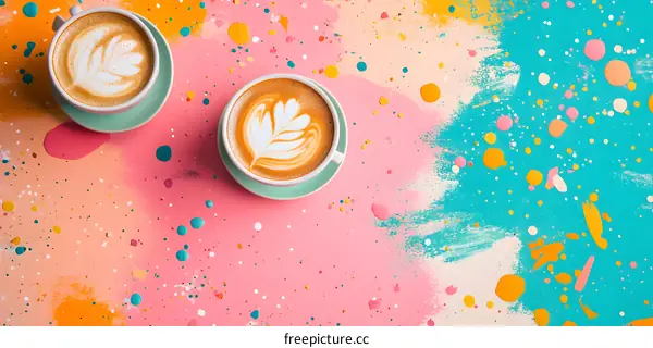 Two Cups of Latte Art on Colorful Background