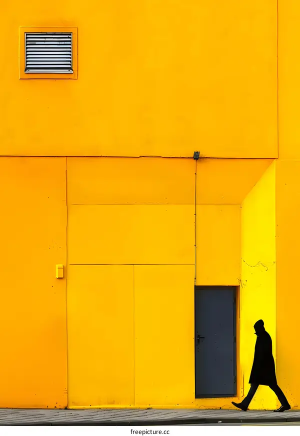 Silhouette of a Person Walking Past a Yellow Wall