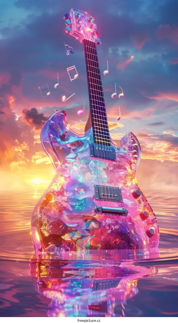 An ethereal guitar emerges from the depths of the ocean, its strings shimmering in the sunlight.