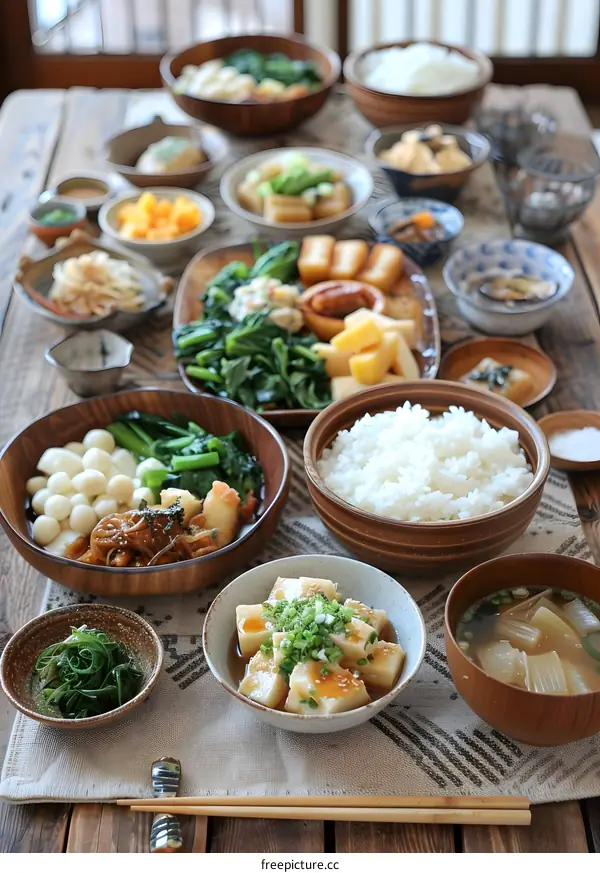 Japanese Cuisine Dishes With Green Vegetables and Tofu