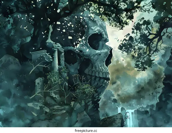 Watercolor Painting Of A Skull With Forest Growth