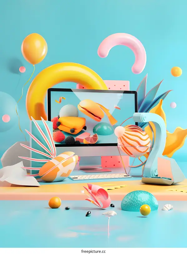3d illustration of a computer with a screen full of food and other objects
