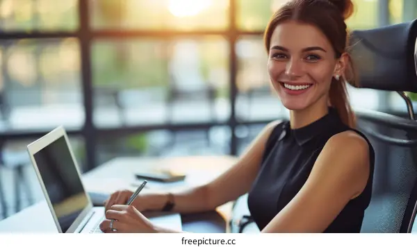 Smiling businesswoman working on laptop in office