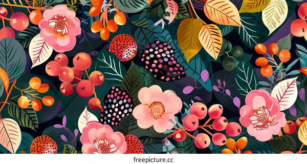Floral Pattern with Berries and Leaves