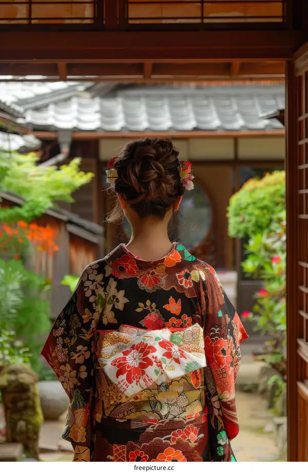 A woman wearing a kimono is standing in a traditional Japanese garden.