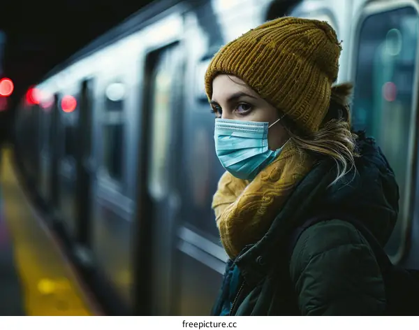 A young woman wearing a mask waits on a subway platform