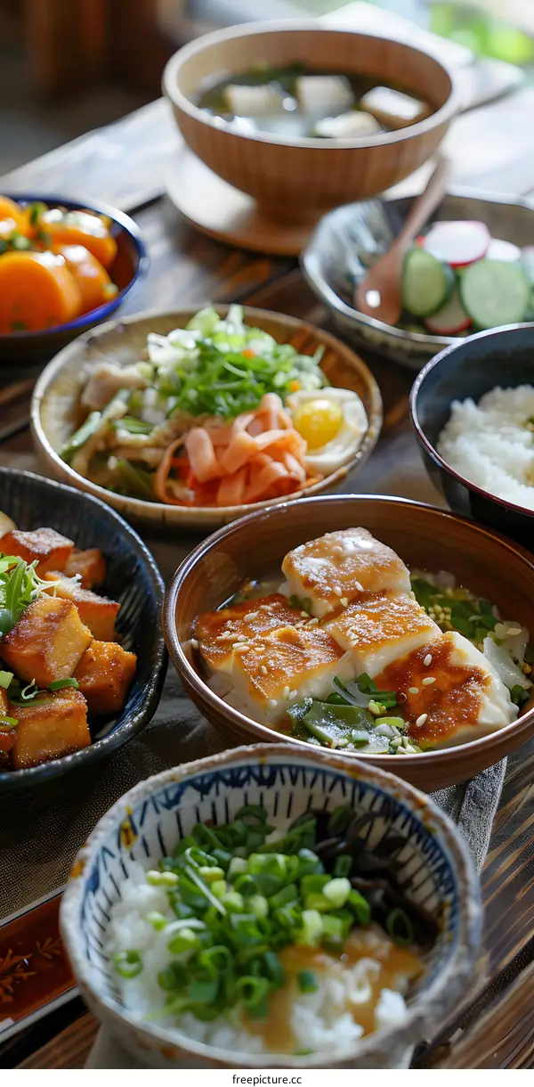 Japanese Cuisine Table Setting with Various Dishes