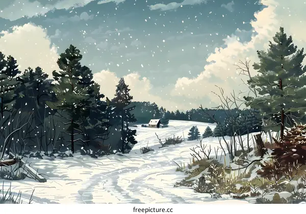 Winter Landscape with Snow Falling and a Cabin in the Distance