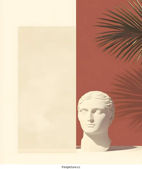 White Marble Bust With Palm Leaf Shadow And Beige Wall