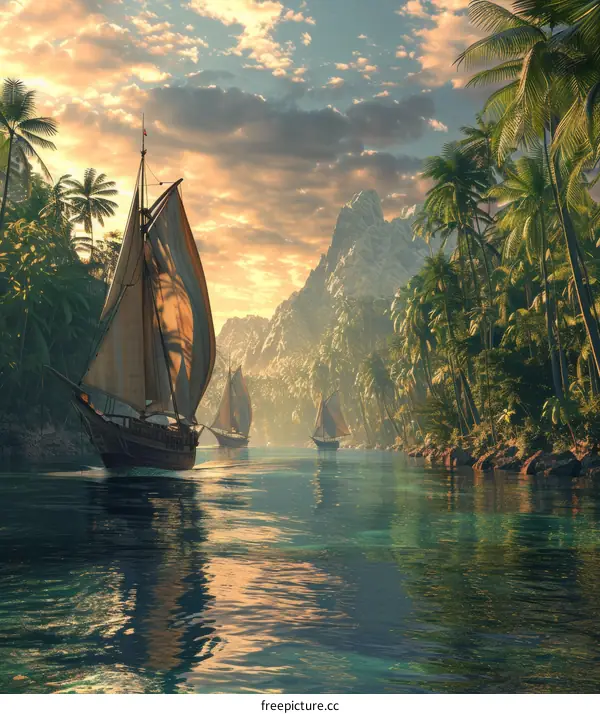 Three Sailing Ships in a Tropical Jungle River
