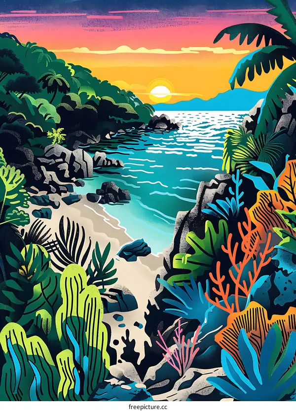 Colorful Illustration of Tropical Beach Landscape with Palm Trees and Sunset