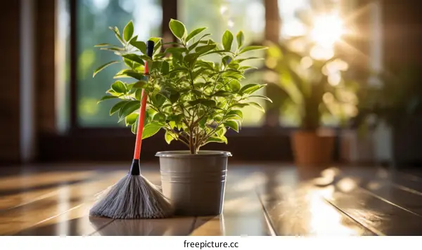 A broom and a potted plant in front of a window
