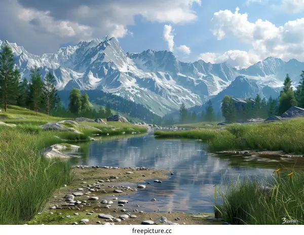 River Flowing Through Valley in Swiss Alps