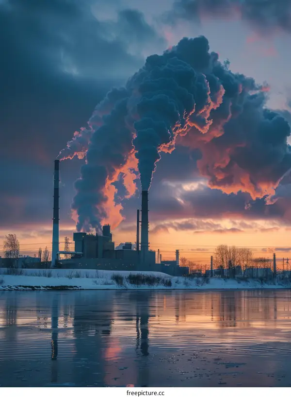 A factory is emitting dark smoke into the sky