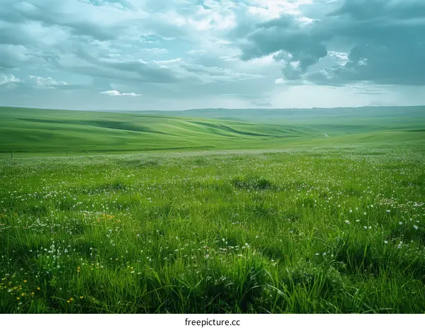 Green rolling hills under a blue sky with white clouds