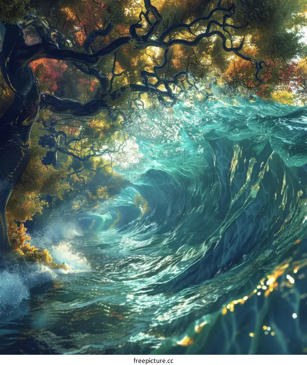 Powerful Wave Crashing on Autumnal Coast