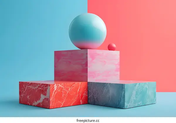 3d rendering of blue and pink podiums and spheres against blue and pink background