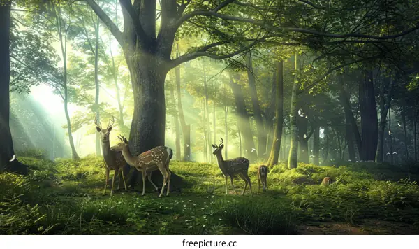 A group of deer standing in a lush green forest with sunlight streaming through the trees