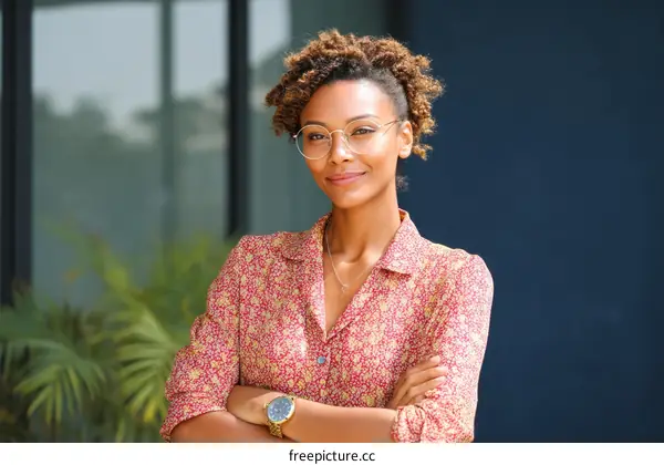Confident Young Woman Wearing Glasses with Crossed Arms