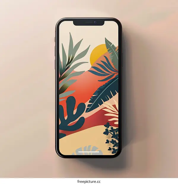 Abstract Phone Wallpaper with Tropical Plants and Sunset