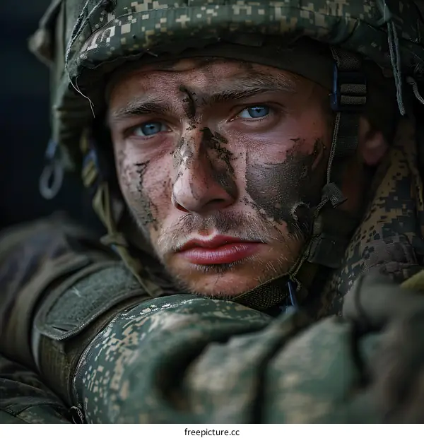 Portrait of a young soldier with blue eyes and a dirty face