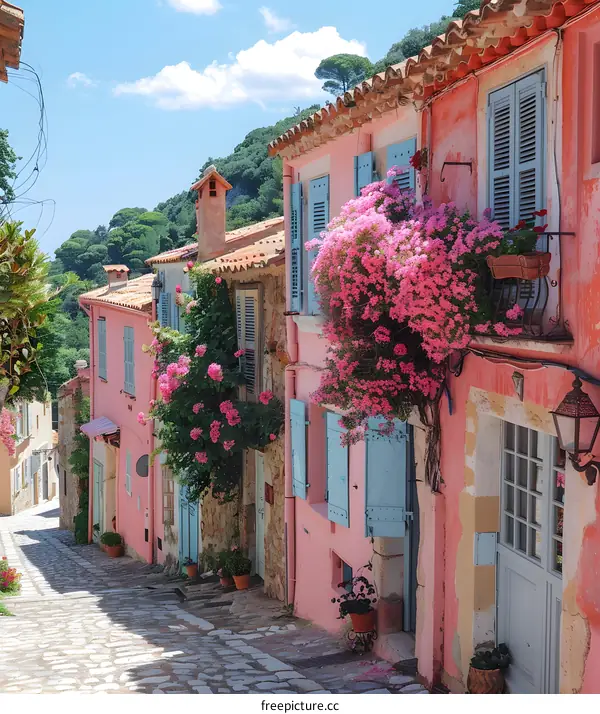 A narrow street with colorful houses and flowers