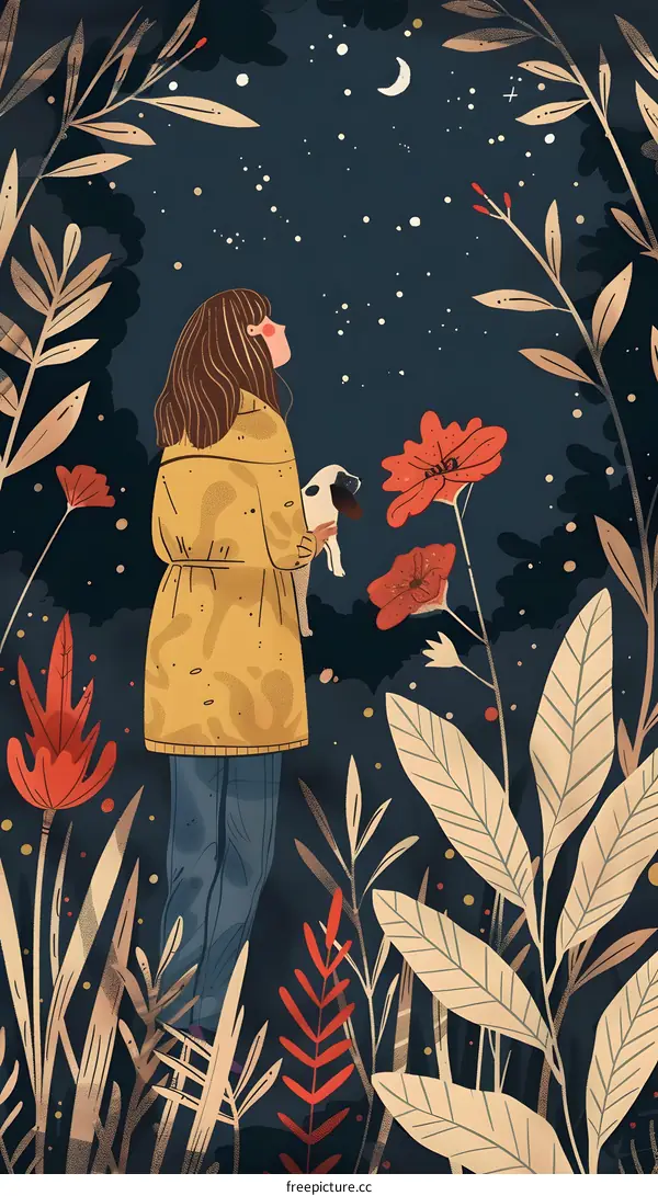 Woman and Dog Looking at the Stars in a Garden