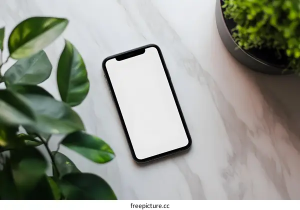 White Blank Smartphone Screen Mockup On Marble Table