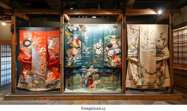 Three colorful kimono with floral patterns displayed in a museum