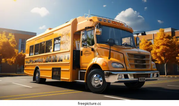 A yellow school bus drives down a tree-lined street