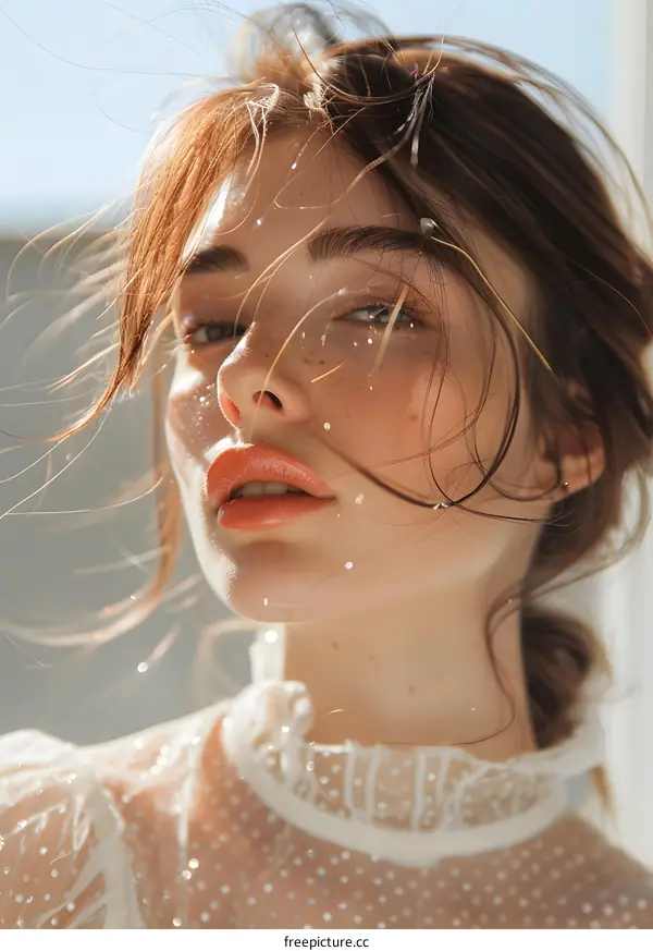 Woman with Freckles and Windblown Hair