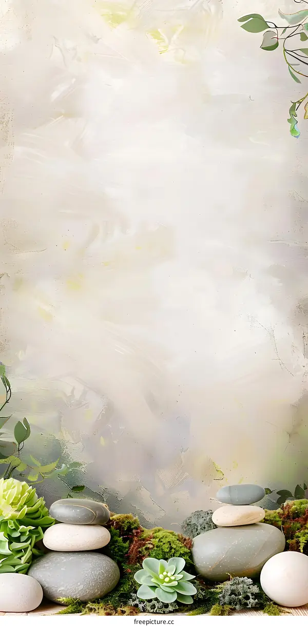Zen Stones and Succulents on Mossy Background