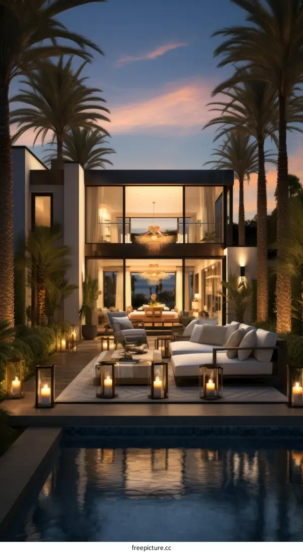 Contemporary Modern Architecture Luxury Illuminated Home at Sunset