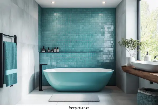 Modern Turquoise Bathroom with Bathtub