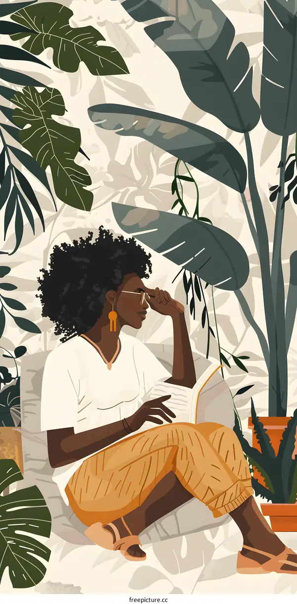 Woman Reading Book in a Tropical Garden Illustration