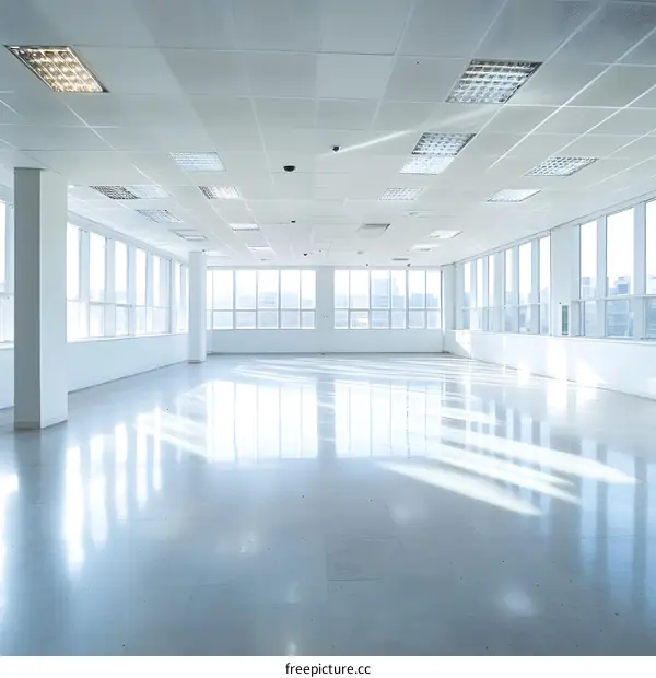 Empty Modern Office Space with Large Windows and White Walls