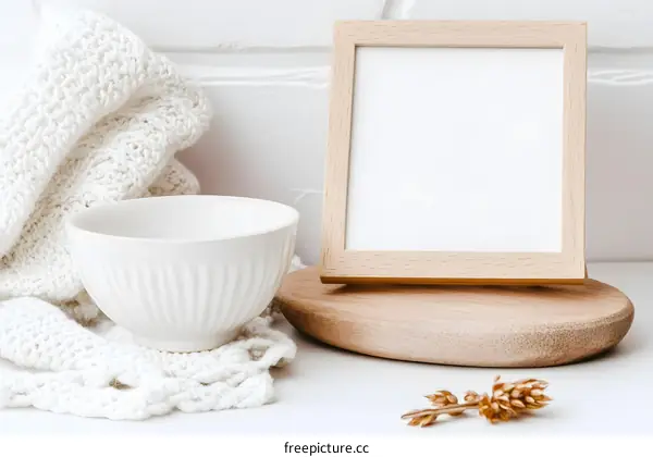 White Bowl and Wooden Frame on a White Table