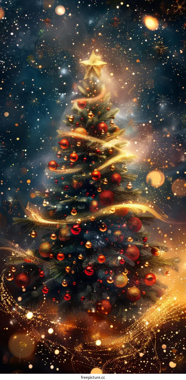 Christmas Tree with Ornaments in Red, Gold and Green